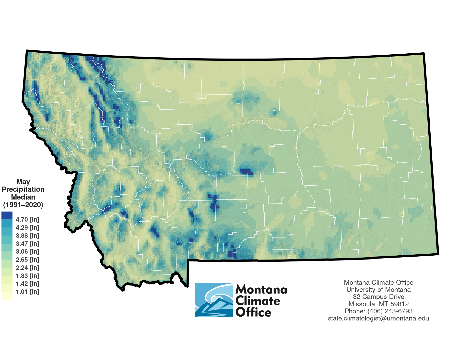 Example climate normals map. Median May precipitation for the 1991 - 2020 record.